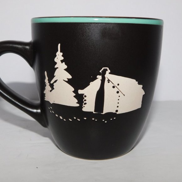 Set 2 Bass Pro Shops Brown Cream Teal stoneware Coffee Mugs Camping Tent Scene - Picture 2 of 5